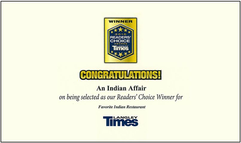 best restaurant award for An Indian Affair Restaurant Langley